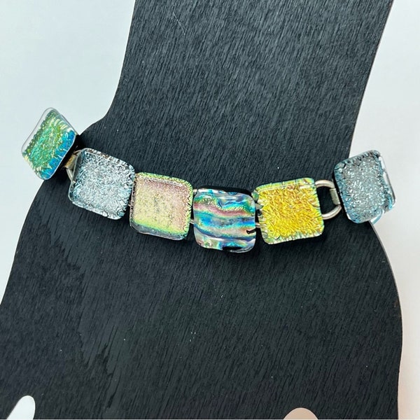 Multicolor Handmade Artisan Art Dichroic Glass Bracelet 6.25"