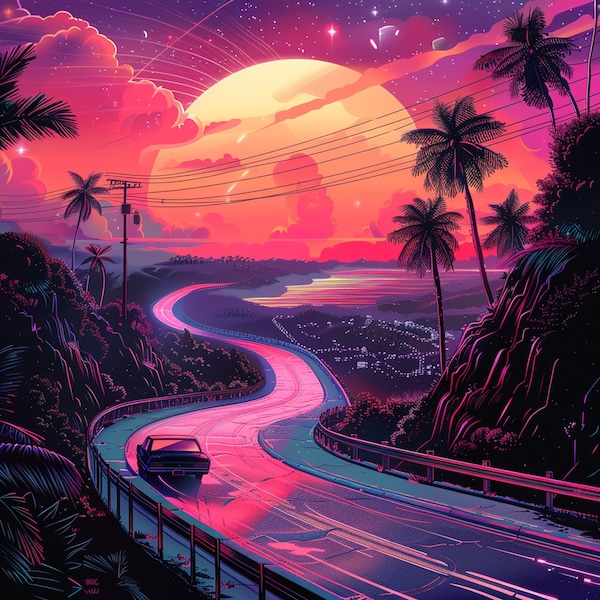 Retrowave Synthwave Sunset drive art illustrations (4 Pack) Enhanced 4K HD