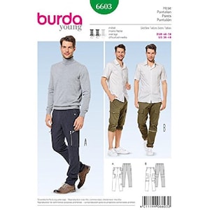 May include: A sewing pattern from Burda Young, featuring illustrations of men's pants and a sweater. The pattern number is 6603. The image includes a model wearing dark blue pants with zippers and a gray sweater. The pattern also shows cargo pants in olive green.