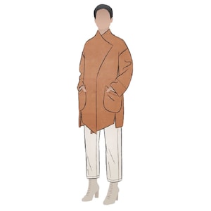 May include: A person wearing a long, brown coat with pockets and white pants. The person is wearing brown boots.