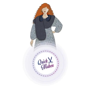 May include: Illustration of a woman wearing a gray dress and a dark blue shawl. The woman has red hair and gold earrings. The image includes the text "Quick Makes" in a circular design.