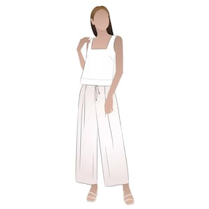 May include: A white sleeveless top with a square neckline and a pair of wide-leg pants in a light beige color. The pants have a drawstring waist.
