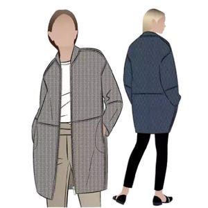 May include: Two long-sleeved jackets, one gray with a herringbone pattern and one blue with a quilted pattern. Both jackets have a zipper closure and pockets.