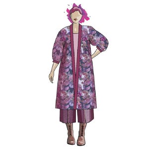 May include: A long, floral print cardigan with a pink trim and a matching pair of wide-leg pants. The cardigan is open in the front and the model is wearing it over a pink top.
