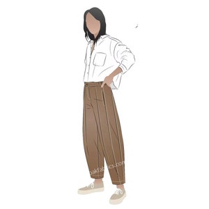 May include: A woman wearing a white button-down shirt with a brown pair of pants. The pants have a wide leg and are pleated. The woman is wearing white sneakers.