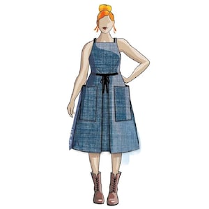 May include: Illustration of a denim-style apron dress with a black tie belt and two large front pockets. The dress has a square neckline and is worn with brown boots. The figure has orange hair and earrings.