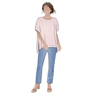 May include: A woman is wearing a pink, loose-fitting, short-sleeved top with side slits and blue jeans.