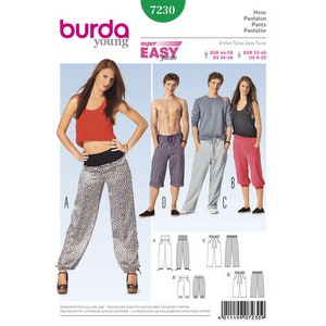 May include: A sewing pattern for various styles of pants, including harem pants and capris. The pattern features a woman in a red top and patterned pants, and three models wearing different pant styles. The Burda Young logo is visible.