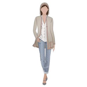 May include: A woman wearing a beige hooded jacket with red and white trim, a white button-down shirt, and blue jeans.