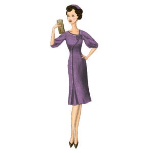 May include: A woman in a purple dress with a bow at the neckline. She is holding a small clutch purse and wearing a hat.