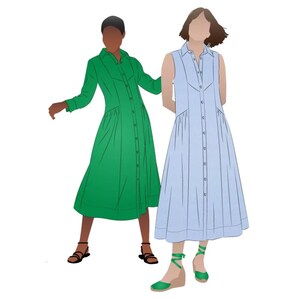 May include: Two women wearing long button-down dresses. One dress is green and the other is light blue.