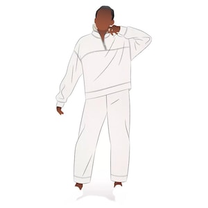 May include: White athletic-style two-piece outfit. The top is a long-sleeved pullover with a quarter-zip collar and horizontal seam details. The pants are straight-legged. The outfit is shown on a person with dark skin.