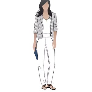 May include: A woman wearing a white top, a patterned blazer, white pants, and black sandals. She is holding a blue clutch.