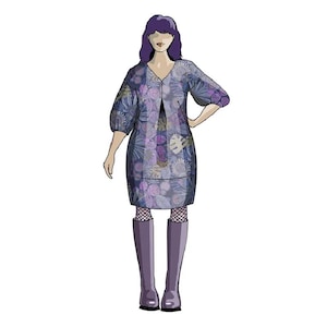 May include: Illustration of a woman wearing a floral print dress and jacket. The dress and jacket are shades of blue and purple with a floral pattern. She is wearing purple boots and fishnet stockings.