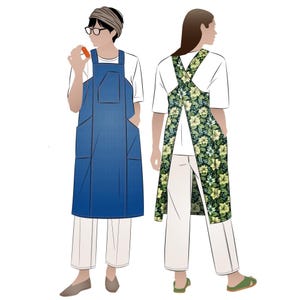 May include: Illustration of two aprons. One is a blue denim apron with large pockets. The other is a floral apron with a green and yellow pattern. Both are worn over white shirts and pants. The aprons are designed for cooking or crafting.