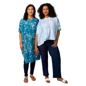 May include: A teal knee-length tunic with a white floral pattern paired with dark blue leggings, and a light blue and white tie-dye short-sleeve top paired with dark blue denim jeans. Both outfits are styled with simple flat sandals.
