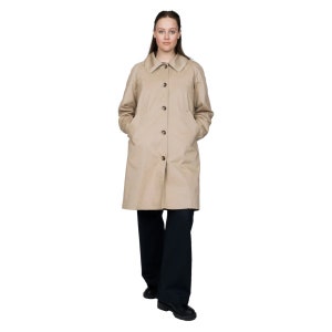 May include: A beige trench coat with a button closure and a collared neckline. The coat is long-sleeved and has pockets on the front.
