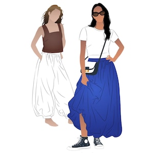 May include: Illustration of two figures in stylish outfits. One wears a brown top and white pants. The other is in a white tee, blue skirt, black purse, and black sneakers. The image has a minimalist, fashion-forward aesthetic.