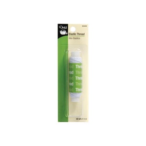 May include: A package of Dritz brand elastic thread. The package is white and green, with the words "Elastic Thread" printed on the front. A spool of white thread is visible through the clear plastic. The spool contains 30 yards of thread.