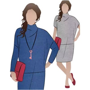 May include: Two women wearing long-sleeved dresses. The woman on the left is wearing a blue dress with a pink key pendant necklace and a red purse. The woman on the right is wearing a gray dress and a red purse.