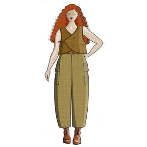 May include: Illustration of a woman wearing a brown wrap top with floral embroidery and high-waisted, olive green cargo pants. The outfit is completed with brown ankle boots. The woman has red curly hair.