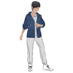 May include: A person wearing a blue denim jacket with a zipper and a drawstring waist, gray sweatpants, and white sneakers.