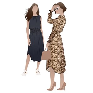 May include: Illustration of two figures in fashion attire. One figure wears a navy blue dress and white sneakers. The other figure wears a leopard print dress, sunglasses, and high heels, carrying a tan handbag. The background is white.