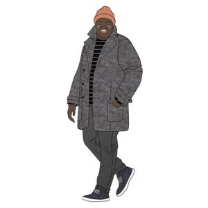 May include: Illustration of a person wearing a gray overcoat, black and white striped shirt, gray pants, and dark blue sneakers. The person is also wearing a peach-colored beanie and brown gloves.