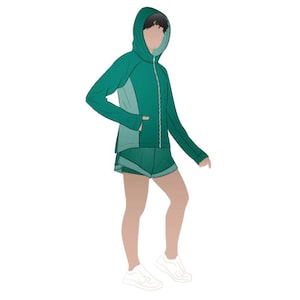 May include: A teal green hooded jacket with a zipper closure and a matching teal green pair of shorts. The person is wearing white sneakers.