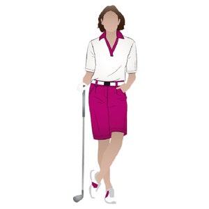 May include: Illustration of a person in golf attire. The outfit includes a white polo shirt with a magenta collar, matching magenta shorts, a black belt, and white shoes with magenta accents. A golf club is held.