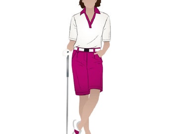 May include: Illustration of a person in golf attire. The outfit includes a white polo shirt with a magenta collar, matching magenta shorts, a black belt, and white shoes with magenta accents. A golf club is held.