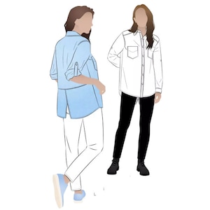 May include: Two women wearing long-sleeved shirts. The woman on the left is wearing a light blue shirt and white pants. The woman on the right is wearing a white shirt and black pants.