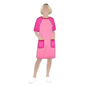 May include: A pink dress with a red trim and two pink pockets. The dress has a short sleeve and a round neckline.