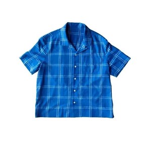 May include: A blue and white plaid short-sleeved button-up shirt with a collar.