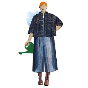 May include: A woman wearing a blue denim jacket with orange stitching and a pair of blue denim wide-leg pants. She is holding a green watering can.