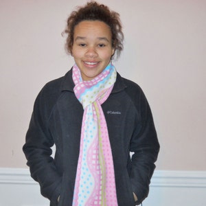 Adult roller coster design polar fleece self tying scarf.  A warm winter scarf with double fleece, top stitched and femine colors.