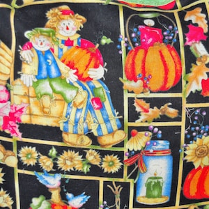 Autunno, Ringraziamento 16 "cuscino shams di zucche, mele, uva, spaventapasseri ecc.  Volant verde chiaro con design a filo decorativo.