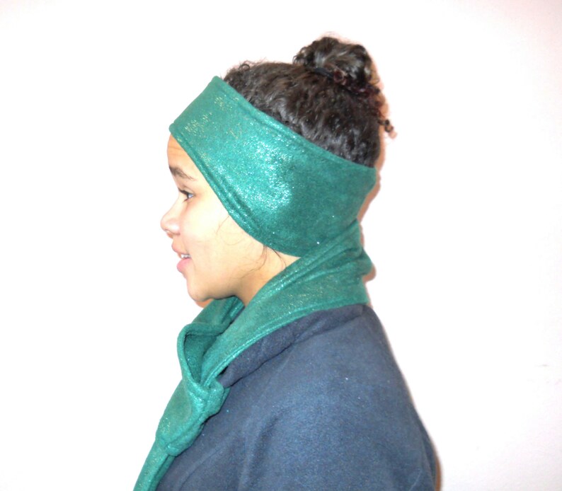 Metalic green polar fleece ear muff and self tying scarf set. Etsy