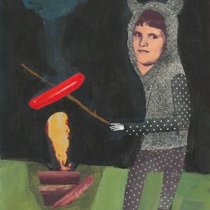 Original Art 9&quot;x12&quot; Collage Painting on Paper Hot Dog Campfire