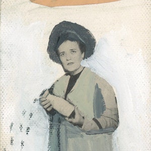 Original Art 3&quot;x5&quot; Small Collage Painting Small Art on Canvas Concern Figure Handwriting