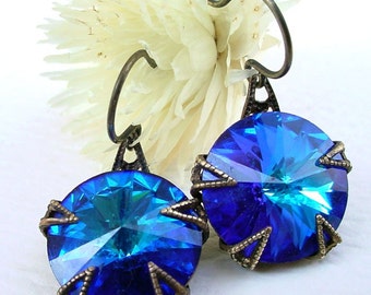 Swarovski Blue Earrings - Bermuda Blue Rivoli Crystal Glass