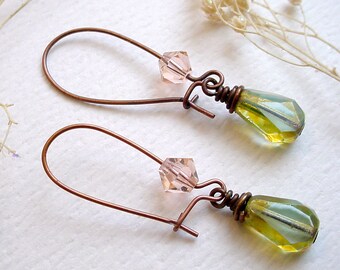 Czech Aqua & Swarovski Pink Earrings - Brass and Glass