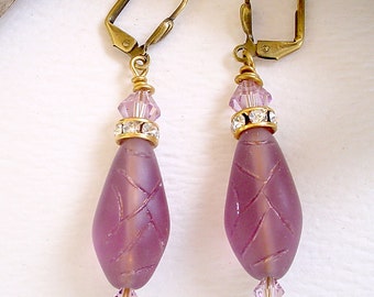 Brass Frosted Etched Light Purple / Rose Glass Earrings with Rhinestone Rondelles