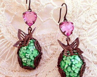 Brass Butterfly Earrings Pink Green Glass - Katofmanycolors