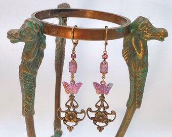 Brass & Harlequin Glass Opal Butterfly Pierced Earrings Lever Back