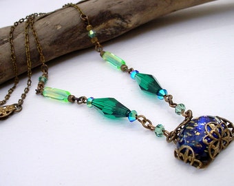 Blue Green Vintage Czech Foiled Glass Necklace Brass Filigree