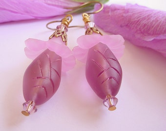 Brass Frosted Etched Light Purple / Rose Glass Earrings