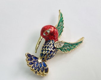 Vintage Enameled and Rhinestone Hummingbird Brooch Pin Gold Tone Katofmanycolors