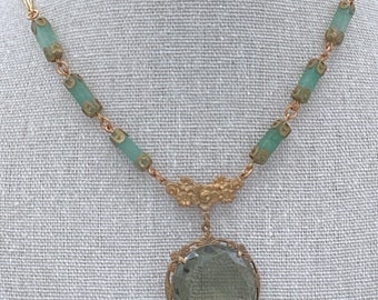 Vintage Brass And Jade and Smokey Green Colored Glass Necklace Katofmanycolors OOAK