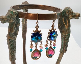 Brass Filigree Wrapped Aceteloid Rose Flower Earrings with Swarovski Elements - Blue & Pink - Katofmanycolors